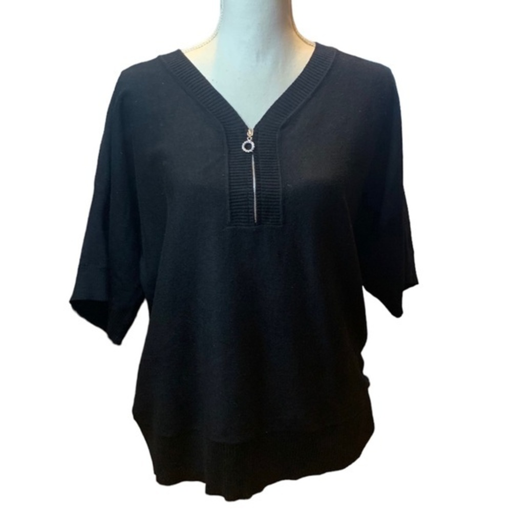Black Notations Short Sleeve Sweater with Zipper Detail